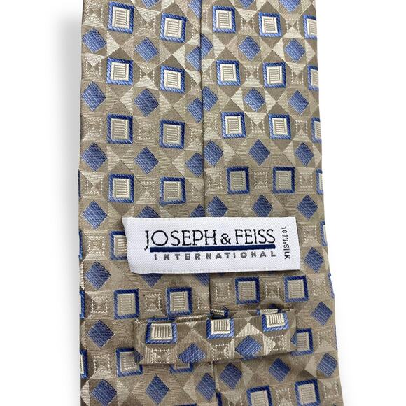 JOSEPH AND FEISS INTERNATIONAL Tan Blue Silk Geometric Print Tie - Picture 4 of 6
